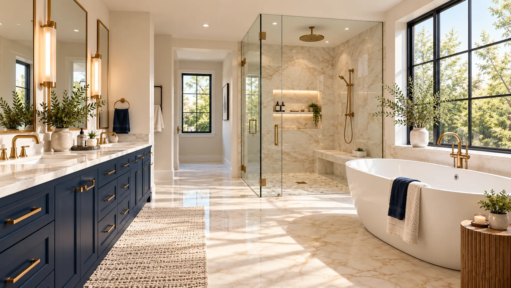 Sunlit bathroom with a navy double vanity and brass fixtures, a marble-tiled frameless glass shower and a freestanding tub below a large window