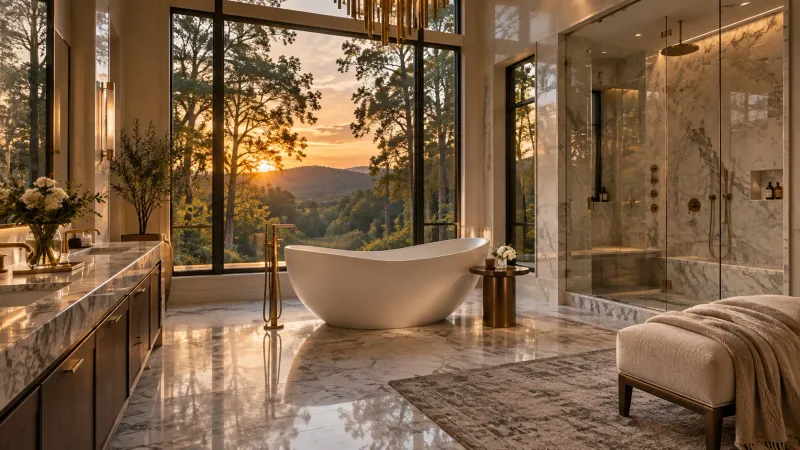 Marble bathroom with a freestanding tub below tall windows, a double vanity and a frameless glass walk-in shower