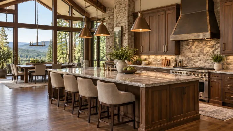 Open kitchen with dark wood cabinetry, a stone backsplash and a large granite-topped island with upholstered stools